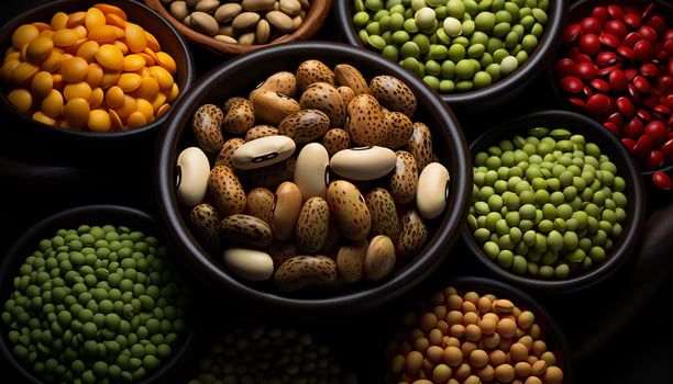 Fictitious recreation of legumes in bowls. Illustration AI photo
