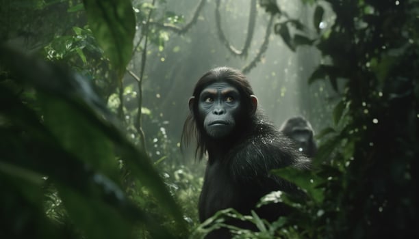 Recreation of a hominid female looking with attention in the jungle. Illustration AI photo