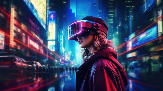 Generative AI, beautiful woman in VR glasses in neon space street, virtual reality headset  in cyberspace photo