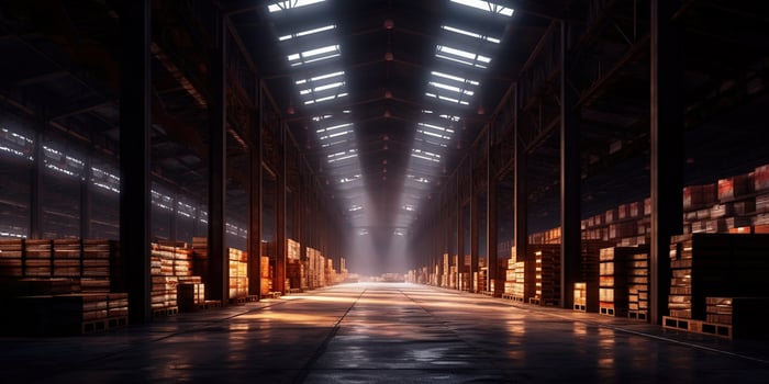 Generative AI, Warehouse interior with LED lighting, industry building, distribution retail center, part of storage and shipping system. photo