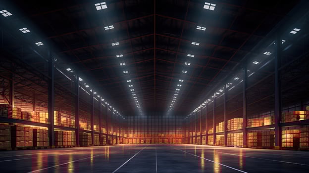 Generative AI, Warehouse interior with LED lighting, industry building, distribution retail center, part of storage and shipping system. photo