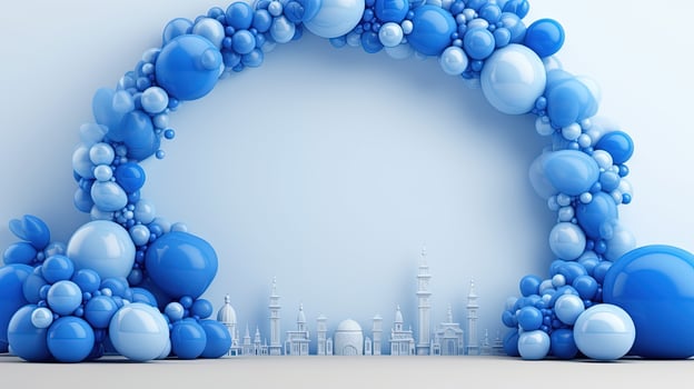 Generative AI, arch of blue balloons. Birthday party for boy 3d background, shower. Mockup, template for greetiing card. photo