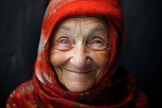 Generative AI, close-up of elderly smiling woman, happiness look photo
