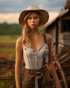 a beautiful blonde woman in a hat and shorts standing in front of a barn generative ai photo