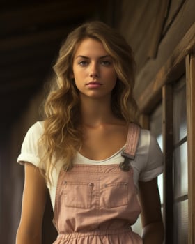 a beautiful young woman in a pink overall dress generative ai photo