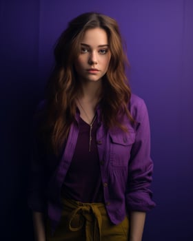 a beautiful young woman in a purple shirt against a purple background generative ai photo