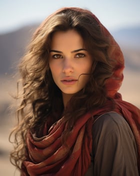 a beautiful young woman in a red shawl standing in the desert generative ai photo