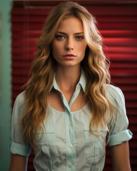 a beautiful young woman with long wavy hair in a blue shirt generative ai photo
