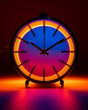 a clock with neon lights on it in a dark room generative ai photo