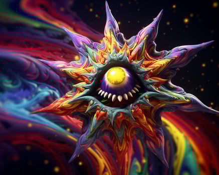a colorful alien eye with a bright yellow eye in the middle of it generative ai photo