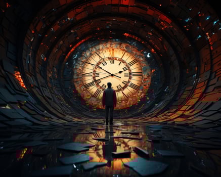 a man standing in front of a large clock in a dark tunnel generative ai photo