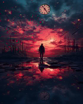 a man standing in the middle of a lake with a clock in the background generative ai photo