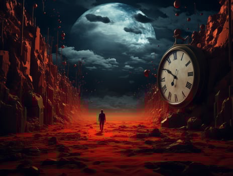 a man walking through a desert with a clock in front of him generative ai photo