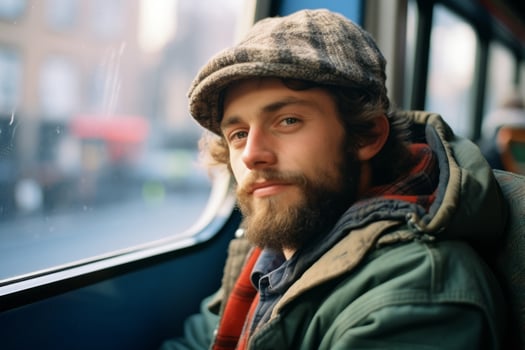 a man with a beard and hat sitting on a train generative ai photo