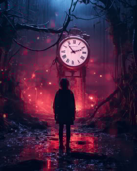 a person standing in front of a large clock generative ai photo