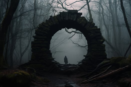 a person standing in front of a stone arch in the middle of a dark forest generative ai photo
