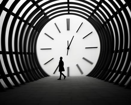 a person walking through a tunnel with a large clock generative ai photo