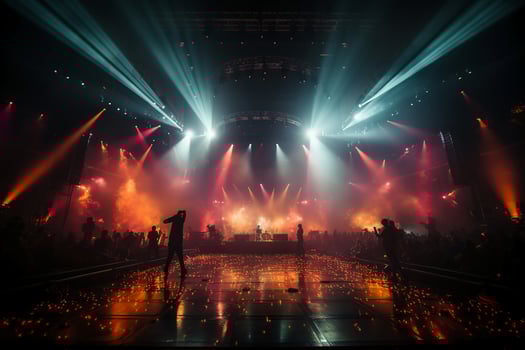 Concert stage with screen illuminated by spotlights. AI generative photo