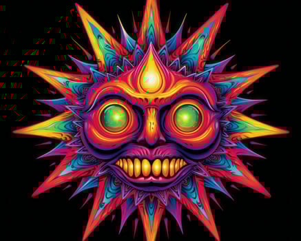a psychedelic sun face with bright eyes on a black background generative ai photo