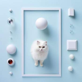 a white cat in a frame surrounded by white objects generative ai photo