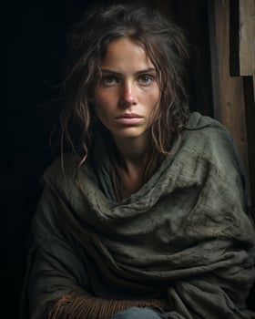 a woman in a blanket sitting in a dark room generative ai photo