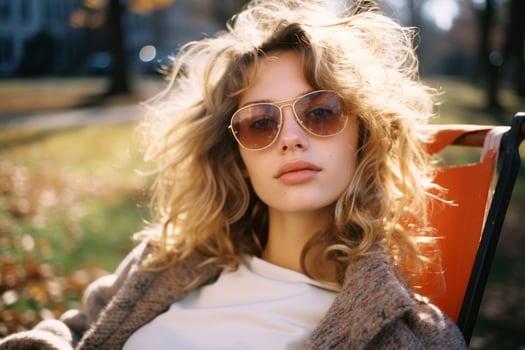 a woman in sunglasses sitting on a chair in the park generative ai photo