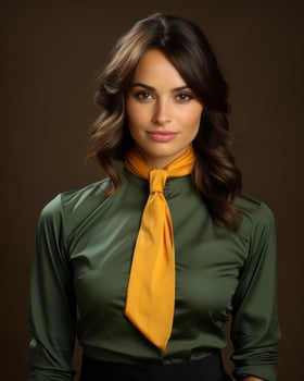 a woman wearing a green shirt and a yellow tie generative ai photo