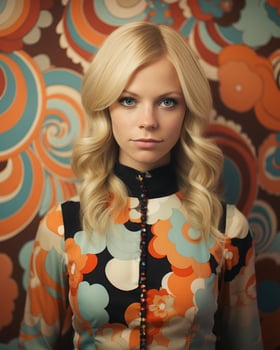 a woman with blonde hair and an orange and blue patterned shirt generative ai photo
