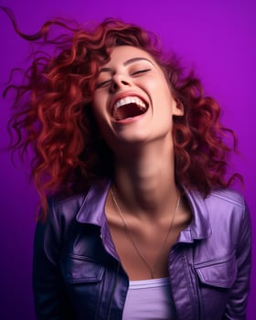 a woman with red curly hair laughing and smiling on a purple background generative ai photo