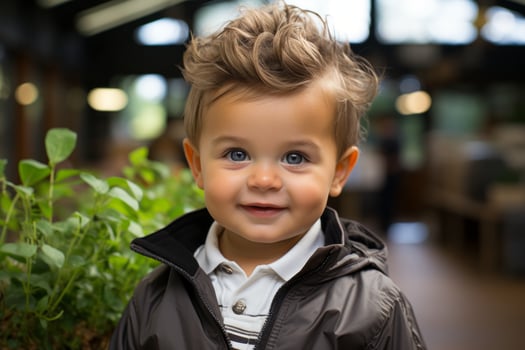 a young boy in a jacket standing in front of a plant generative ai photo