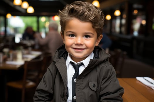 a young boy wearing a jacket and tie sitting at a table generative ai photo