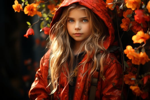 a young girl in a red hooded jacket standing in front of flowers generative ai photo