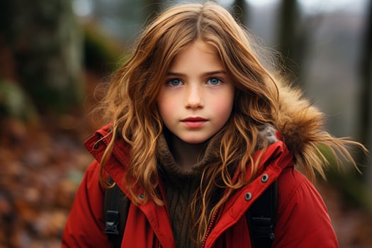 a young girl in a red jacket standing in the woods generative ai photo