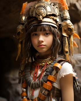 a young girl wearing a headdress in front of a cave generative ai photo