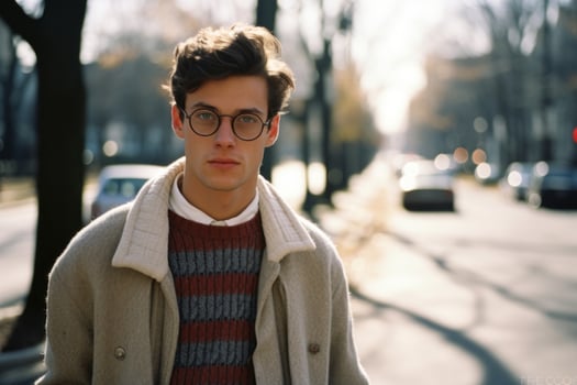 a young man wearing glasses and a sweater standing on a street generative ai photo