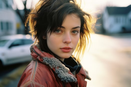 a young woman in a red jacket standing in front of a car generative ai photo