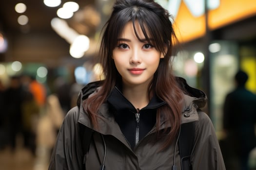an asian woman in a park with a hooded jacket generative ai photo