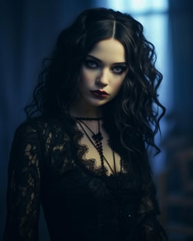 beautiful gothic woman with dark hair and red lips generative ai photo