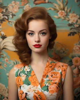 beautiful woman with red lipstick posing in front of floral wallpaper generative ai photo