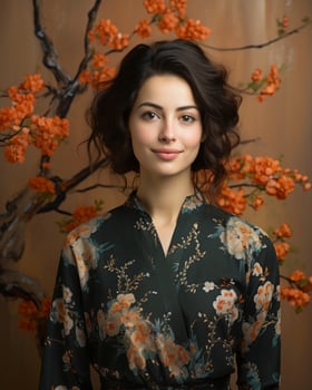 portrait of a beautiful young woman in a floral kimono generative ai photo