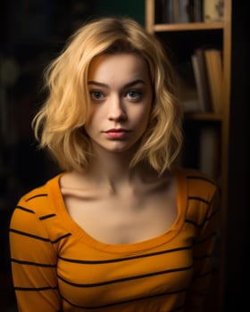 portrait of a beautiful young woman with blonde hair in front of a bookshelf generative ai photo