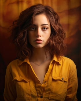 portrait of a beautiful young woman with brown hair and a yellow shirt generative ai photo