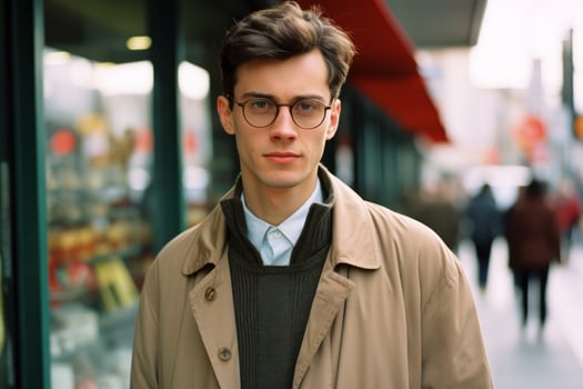 portrait of a handsome young man wearing glasses and coat standing in front of a shop generative ai photo