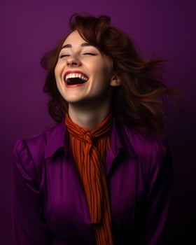 portrait of a young woman laughing on a purple background generative ai photo