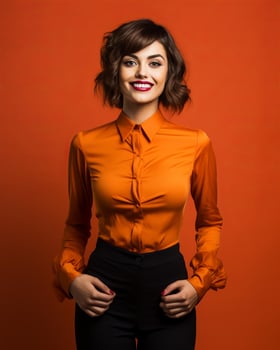portrait of smiling woman in orange blouse and black pants on orange background generative ai photo