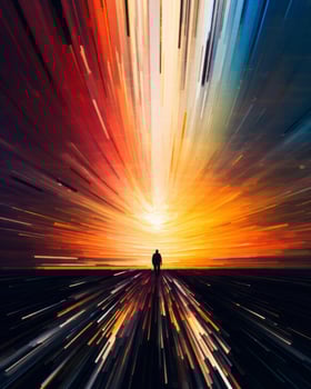 the silhouette of a person walking on a road at sunset generative ai photo