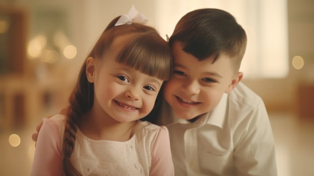 Two smiling children with down syndrome. Education for special children. photo
