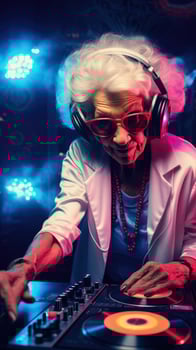 Bright elderly woman DJ at a rave. Techno party in the club. Grandma DJ. photo