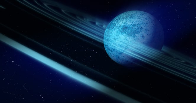 Abstract blue space planet with a round asteroid belt ring  futuristic hi-tech on the background of stars in open space photo