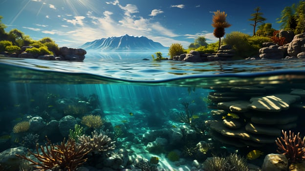 Underwater view of tropical paradise fish and corals. The concept of diving and vacation in nature. AI generated photo